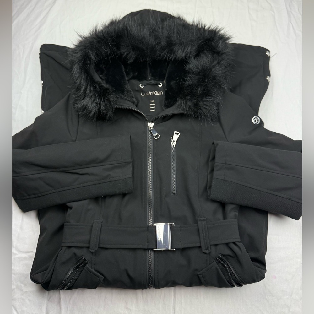 Calvin Klein Elegant Black Trench long jacket with Fur Trim size small